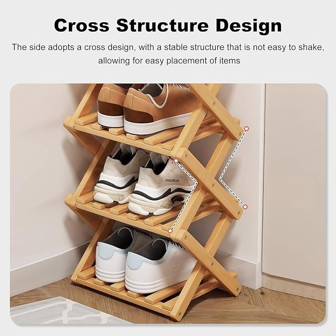 YYW Bamboo Shoe Rack, Foldable Vertical Free Standing Shoe Storage Shelf | Foldable design, Free standing for entryway or living room, Vertical shoe organizer, Space saving closet shelf