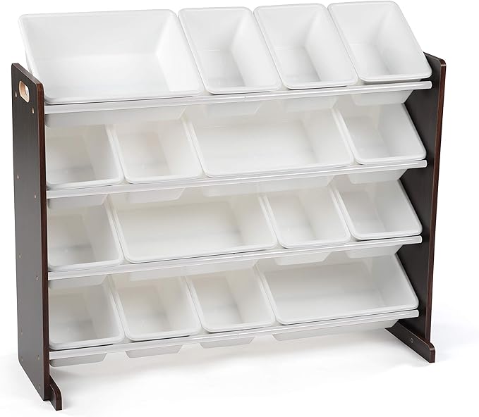 Humble Crew Toy Storage Organizer with 16 Removable Storage Bins for Kids Playroom, 4-Tier Toddler Toy Organization and Storage, Espresso/White