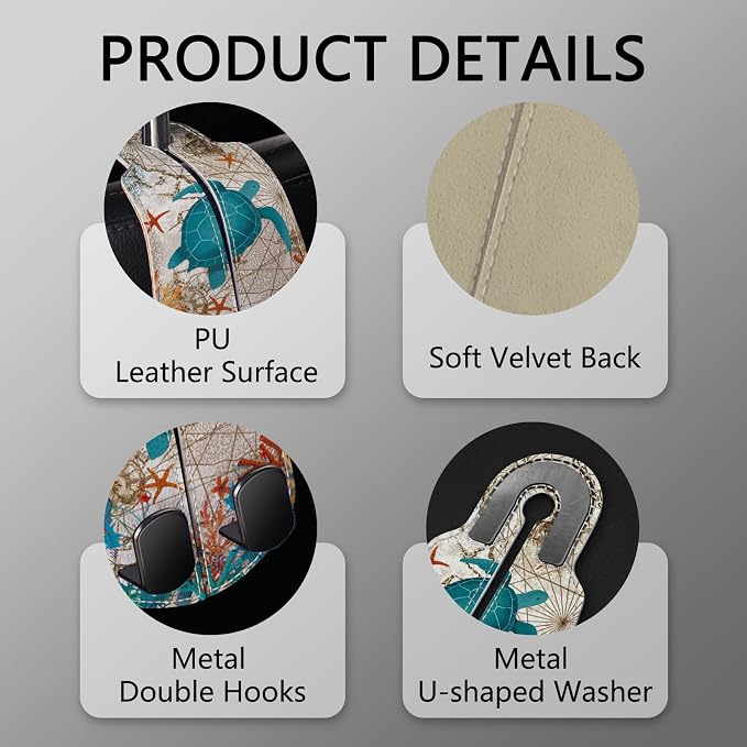 Blusabaca 2PCS Car Seat Headrest Hooks, Purses Bags Holder, Sea Turtle | PU Leather, Double Metal Back Storage Hangers for Grocery Bags Handbags Bottles Coats Phones, Car Accessories Organization