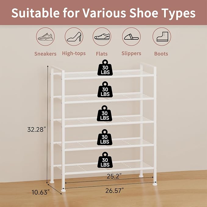 5 Tier Shoe Rack,Metal Shoe Storage | Organizer Shelf for Closet,Entryway, Garage,Narrow Space(White, 5 Tier)