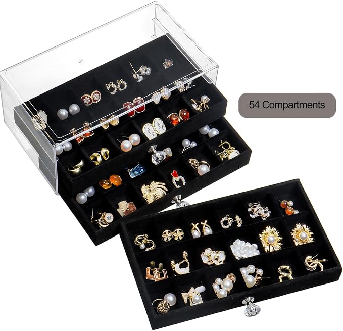 SPAKOWN Earring Box Holder Organizer Display Case | Clear Velvet Jewelry Storage Tray Organizer for Earring Ring Stud (Black - 3 Drawers)