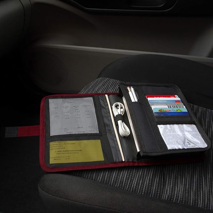 PlusXpres Glove Box Compartment Organizer - Car Document Holder - Red | Owner Manual Case Pouch, Vehicle Storage Wallet for Registration and Insurance Card, Auto Paperwork Holder, Log Book included