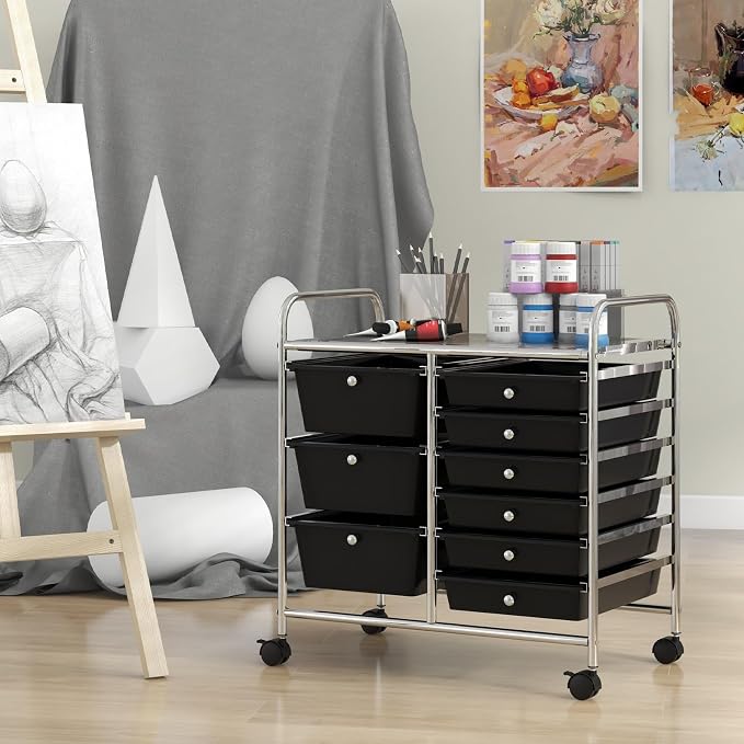 Moccha 9-Drawer Rolling Storage Cart - Under Desk Storage Drawers with wheels for Craft Art Supply Paper Salon, Scrapbook Paper Tools, Mobile Utility Cart for Classroom, Black