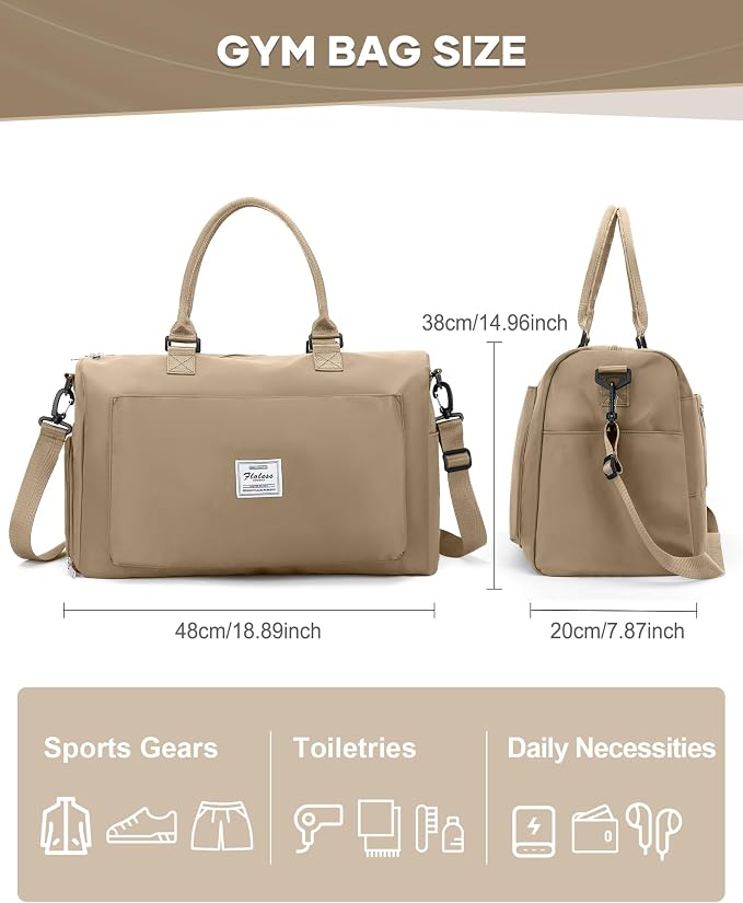 Gym Bag for Women Men Duffle Bags for Travel with Shoe Compartment Shoulder Weekender Overnight Carry on Tote Bags for Airplane Beach Bag Workout Yoga Sport Swimming Khaki