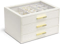 VLANDO 3-Drawer Jewelry Box with Glass Lid, Faux Leather Organizer for Rings Earrings Necklaces and More, Gift-Ready Jewelry Case for Women Girls or Moms, Beige
