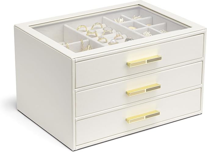 VLANDO 3-Drawer Jewelry Box with Glass Lid, Faux Leather Organizer for Rings Earrings Necklaces and More, Gift-Ready Jewelry Case for Women Girls or Moms, Beige