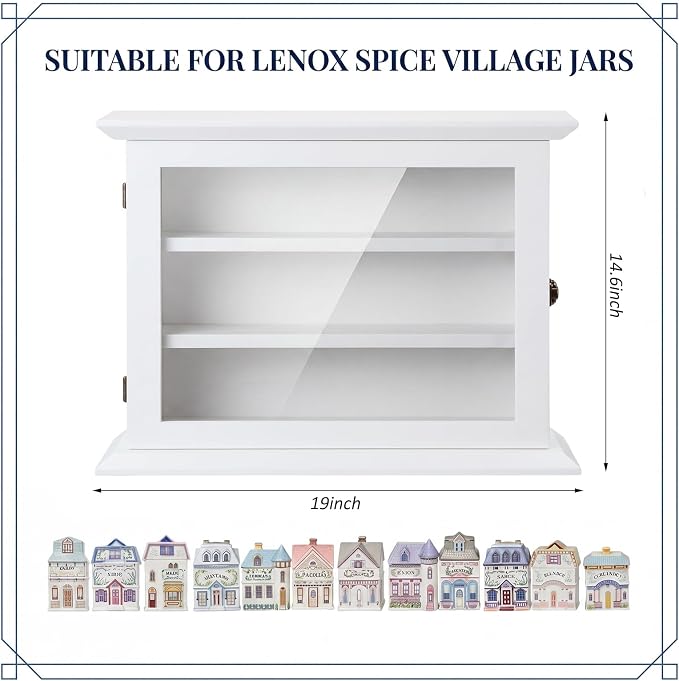 Chunful Vintage Spice Jar Wooden Rack White with Door Spice Shelf for 24 Jars, Village Style Wall Mounting Kitchen Storage Decorative Hanging Display Rack, Shelf Only(19.09 x 14.57 Inches)