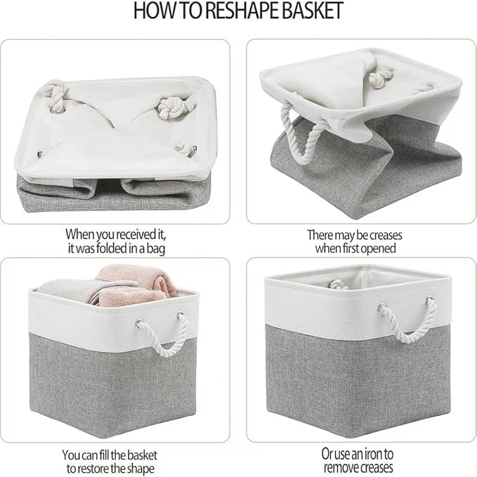 11x11 Inch Cube Storage Bins, 8 Pack Collapsible Fabric Storage Cubes with Rope Handles, Waterproof Foldable Storage Baskets for Cube Shelves, Closet, Clothes, Toys, Books, White & Gray