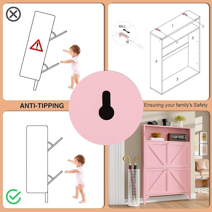 Shoe Cabinet with 2 Flip Drawers and Open Top Space-Metal Narrow Shoe Rack for Entryway,Hallway,Living Room-Hidden Metal Shoe Cabinet-Freestanding Shoe (2 Door, Pink)