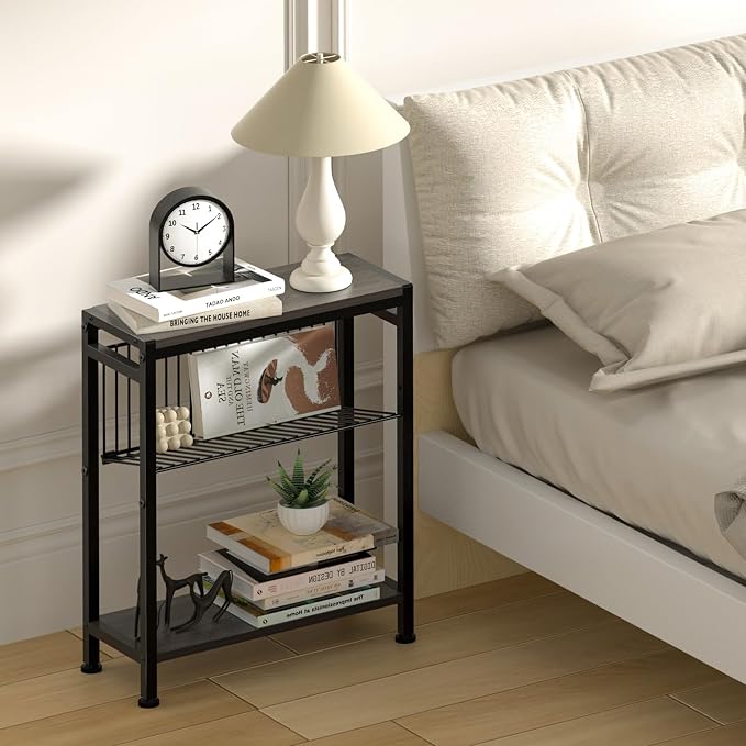 Side Table for Small Spaces, Narrow End Table with Magazine Holder, 2 in 1 Design Slim Side Table, Skinny Nightstand for Living Room Bedroom, Thin Side Magazine Table, Grey
