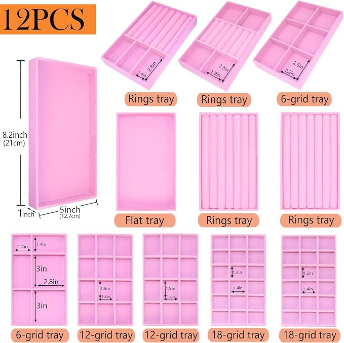 12 PCS Jewelry Trays Earriing Organizer Velvet Jewellry Drawer Box Stackable Jewelryy Dispaly Case for Rings Holder Necklace Bracelet Watch