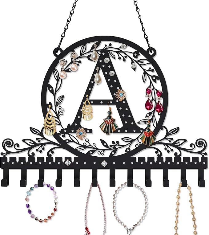Personalized Wall Mounted Metal Initial Letter A Earring Holder Jewelry Organizer for Earrings and Necklaces Space Saving Wall Display with Hooks Jewelry Storage Bedroom Vanity Gift for Women