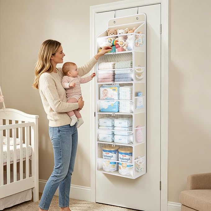 Univivi Over the Door Organizer for Baby Essential, 5-shelf, Light Beige | Fabric Baby Door Storage, Large Compartments and Mesh Side Pockets, Storage for Baby Nursery, Laundry, Bedroom and Bathroom