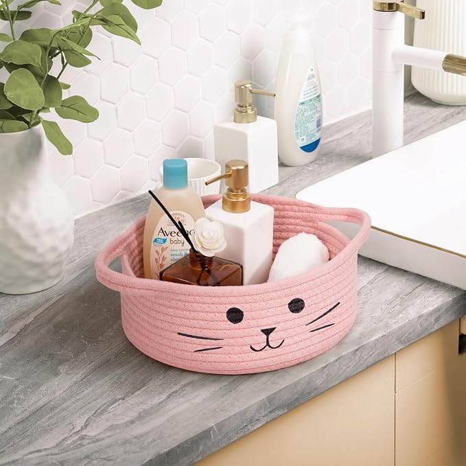 Small Rope Basket, Pink Cute Cat Toy Basket for Living Room, Gift Baskets Empty for Living Room, Decorative woven Baskets for Nursery, Baby Organizing & Towel Storage, 9.8 x 4 inches