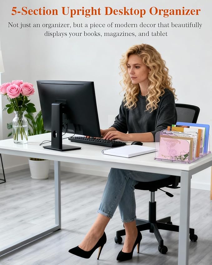 Adjustable Rose File Organizer for Desk, Vertical File Folder Holders for Magazines, Upright Desktop Binder Organizer, Clear Paper Bookshelf Divider File Sorter for School Office Supplies