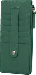 Leatherboss Genuine Leather Women's All in One Credit Business Card Case Holder Slim Zipper Wallet With a Card Protection Strap, Forest Green