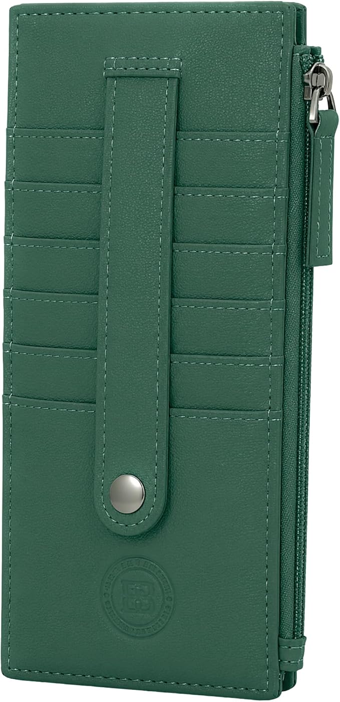 Leatherboss Genuine Leather Women's All in One Credit Business Card Case Holder Slim Zipper Wallet With a Card Protection Strap, Forest Green