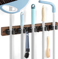 Brown Broom Holder Wall Mount - Heavy Duty Wood Mop and Broom Organizer with 5 Slots & 4 Hooks - Rustic Garden Tool Hanger for Laundry Room Closet Kitchen Garage Storage and Organization