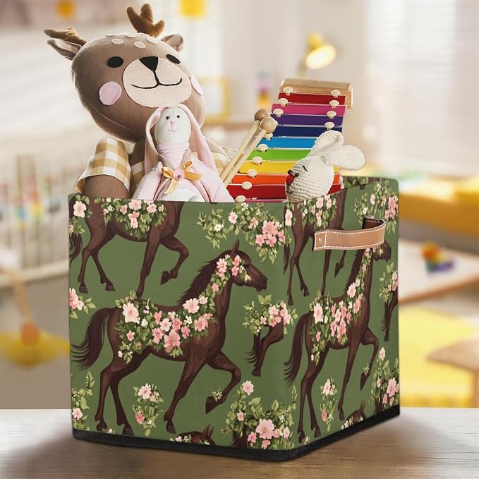 TropicalLife Floral Horse Storage Cube, 13 Inch Fabric Cube Storage Organizer Bin for Shelves Clothes, Decorative Foldable Storage Boxes