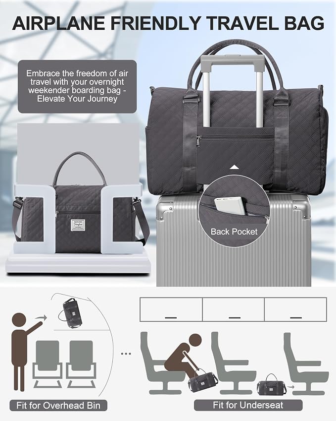 Gym Duffle Bag for Women with Shoe Compartment Waterproof Travel Tote Bags Personal Item Carry On Weekender Overnight Bags with Toiletry Bag Swimming Yoga Bags Hospital Holdalls Black Grey