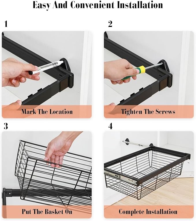 Pull-Out Clothes Storage Basket,Stainless Steel Stackable Shelf Baskets Organizer,Stackable Storage Bins,Adjusted Width for Bedroom Office Bathroom,White-26.37-28.34in