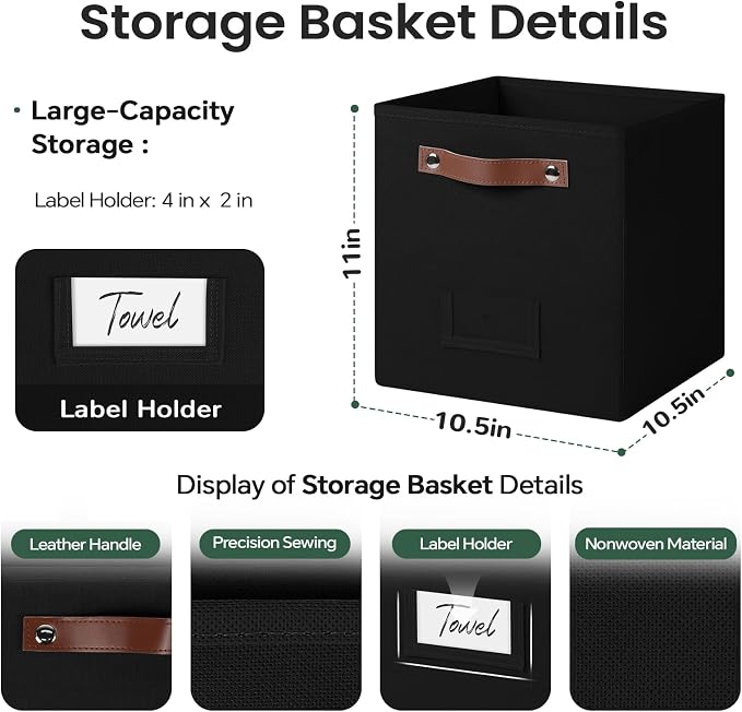 FinishingBo 10.5" x 11" Storage Bins with Labels 6 Pack | PU Leather Handles, Foldable Storage Cubes, Storage Baskets, Closet Storage, Black