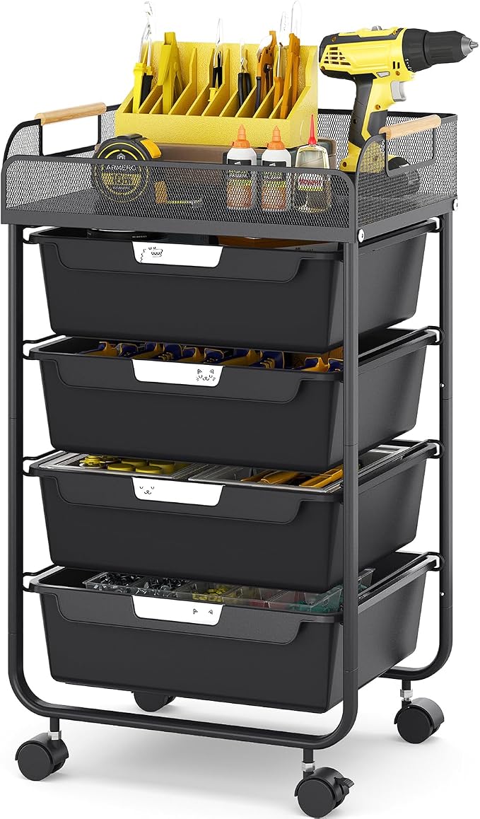 SYKIARIOL 4-Drawer Rolling Storage Cart with Mesh Top, Utility Craft Organizer Cart on Wheels with DIY Labels, Rolling Drawer Cart for Home Office Classroom Bedroom, Black