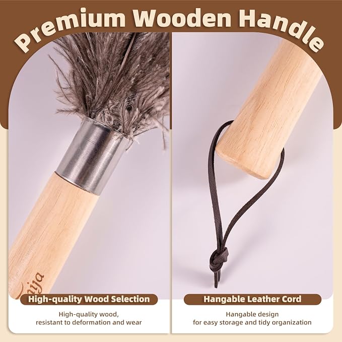 2 Pack Ostrich Feather Dusters with Wooden Handle, 13.5 inch Natural Fluffy Feather Dusters for Dusting Home, Car, Delicate Surfaces, Reusable Soft Cleaning Tools for Ledges, Blinds