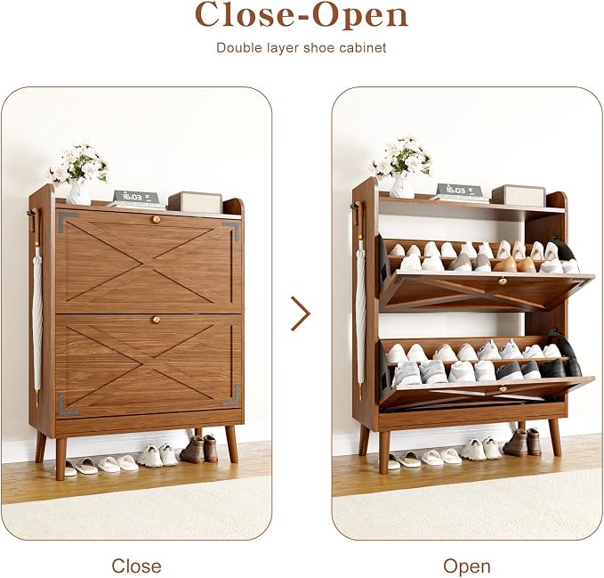 Shoe Storage Cabinet with 2 Flip Drawers & Adjustable Shelves, Freestanding Shoe Cabinet with Side Hooks Narrow Shoe Rack Cabinet for Entryway