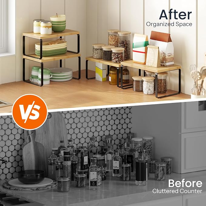 HOOBRO Cabinet Organizer Shelf, Set of 4 Kitchen Counter Shelves, Expandable Kitchen Storage, Stackable Bamboo Spice Rack, for Kitchen, Countertop, Office Desk, Bathroom, Natural and Black YB30TLP201