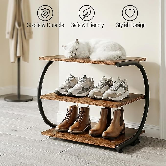 Small Shoe Rack for Entryway,C-Shaped 3-Tier 17” Wide Shoe Storage | Compact Shoe Organizer, Wooden Shelves, Curved Metal Frame, Adjustable Feet, for Front Door Entrance, Closet, Hallway