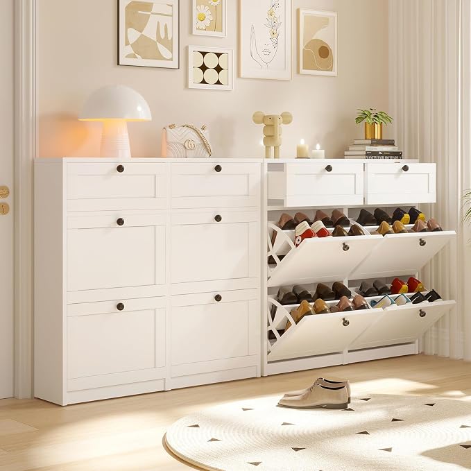 VOWNER Shoe Cabinet with 4 Flip Drawers & 2 Drawers, Freestanding Shoe Storage Cabinet with Adjustable Shelves, Shoe Organizer for Entryway, Hallway, Living Room (White)