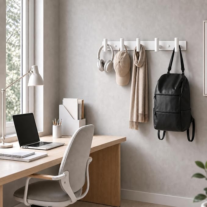 Wall Mounted Coat Rack-5 Hooks, Heavy Duty Stainless Steel Wall Hooks for Towel Coat Bag, Hat Rack Coat Hanger Coat Hooks Towel Racks for Bathroom Entryway Kitchen Hotel Office (White, 1 Pack)