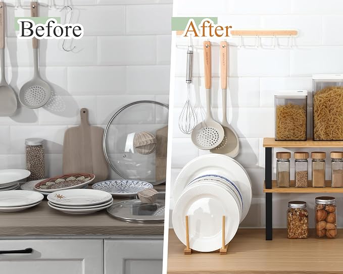 Marsui 4 Pcs Kitchen Organizer Accessories Set for Cabinet,Light Color | Cabinet Organizer Shelves, Bamboo Dish Drying Plate Rack, Wooden Counter Storage Holder, for Spice Dish Pot Lid Bowl Cup