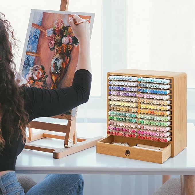 Marker Organizer For 216 Markers, Bamboo Storage Rack With Drawer | 24 Compartments And Pull-Out Drawer For Alcohol Markers, Pens, Art Supplies, Desks, And Craft Rooms