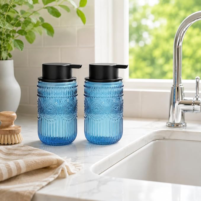 Refillable Foam Soap Dispenser Set of 2, Foaming Hand Soap Dispenser | Glass Foaming Soap Dispenser for Bathroom,Kitchen, Modern Home Decor 13.8 oz
