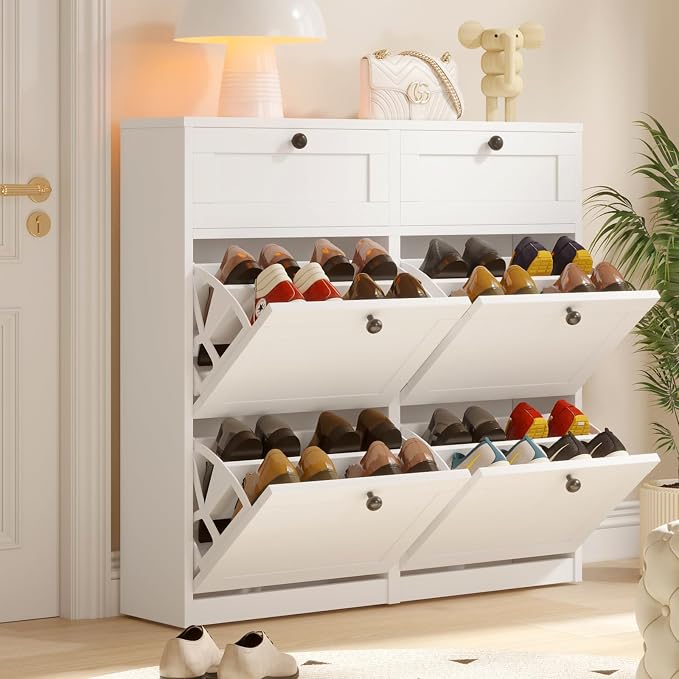 VOWNER Shoe Cabinet with 4 Flip Drawers & 2 Drawers, Freestanding Shoe Storage Cabinet with Adjustable Shelves, Shoe Organizer for Entryway, Hallway, Living Room (White)