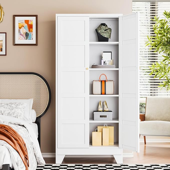 Letaya 72" H Metal Storage Cabinet with 2 Doors and 4 Shelves,Tall Kitchen Pantry Cabinets,Utility Pantry Organizers for Cupboard/Dining/Bathroom/Home Office/Garage (White, 72" H x 18" D x 33.5" W)