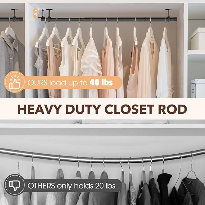 SUTINE Closet Rod, Closet Rods for Hanging Clothes, 17 to 52 inch Adjustable Ceiling/Wall mounted Closet Hanging Rod, Heavy Duty Clothes Rod Clothing Bar, Closet Poles for Hanging Clothes for Wardrobe