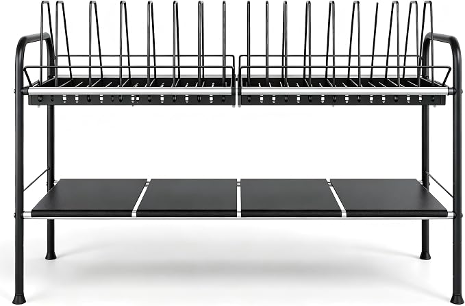 Expandable Under Sink Cabinet Organizer, Adjustable Pots Pans Storage Rack with 14 Dividers & Lid Holder, Multi-Functional Kitchen Cookware Storage Rack for Cabinet Countertop
