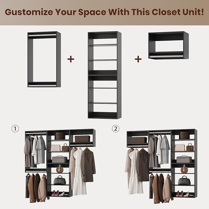 ROOMTEC Modular Closet System, 90" Wall-Mounted Closet Organizer with Hanging Rods, Modern Wooden Tower for Walk-In Closets, Wardrobe Storage Kit, Black
