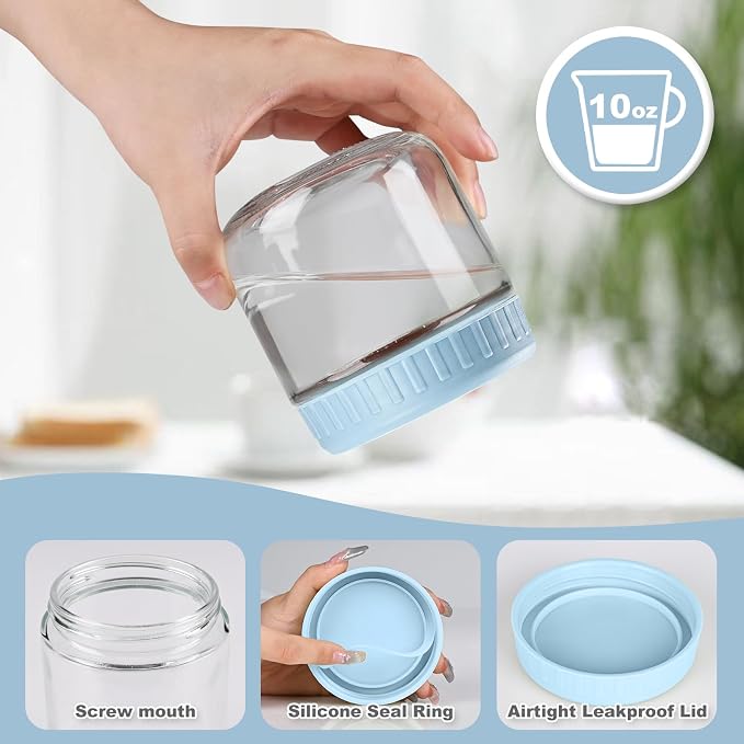 SHOWIN Overnight Oats Containers with Lids, 10oz Glass Jars with Lids 8 pcs, Light Blue, Wide Mouth Mason jars for Salad, Yogurt, Snacks, Meal Prep