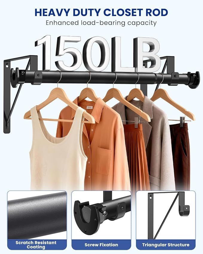 Supforce Adjustable Closet Rod with Triangular Brackets, 17-54in, Black | 1.3in Metal Closet Rod Supports Up To 150 lb, Heavy Duty Rod Reduces Sagging and Mount Securely for Wardrobes Closet Laundry