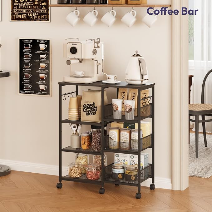 SWTYMIKI Kitchen Island Cart on Wheels - 4 Tier Rolling Kitchen Table Cart with Storage Shelves, 6 Removable Hooks& Locking Casters, Coffee Bar Cabinet for Dining Room Pantry Office, Black
