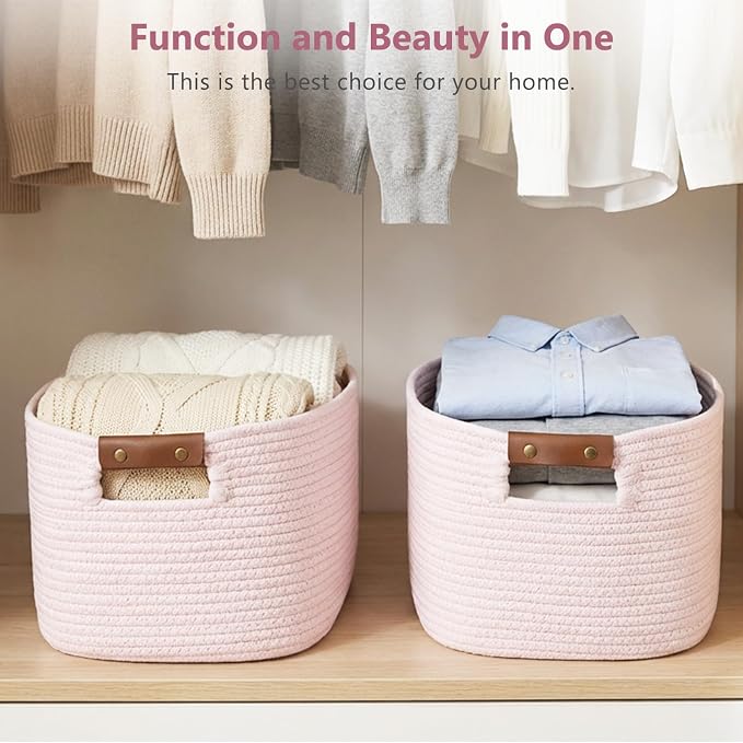 ECDYQXVU 15x10x9 Woven Cotton Rope Storage Basket, Leather Handles 2 Pack | Foldable Design, Sturdy PU Handles, Easy to Clean Organizer for Living Room, Closet, Shelves, Bedroom, Laundry, Clothes
