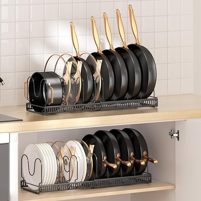 MUDEELA 2 Pack Pots and Pans Organizer Rack for under Cabinet, Expandable Pot Lid Kitchen Cabinet Organizer Holder with 10 Adjustable Compartment Cutting Board Organizer for Pan Lid, Bakeware Sheet