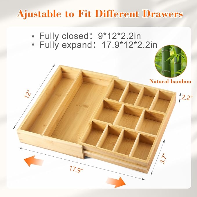 Bamboo Sliding Desk Drawer Organizer 8.6'' up to 17'' x 12'' x 2.2'' Expandable Office Desk Accessories Supplies Tray with 11 Compartments for Pens, Notebooks, Rulers, and Makeup Jewelry Vanity