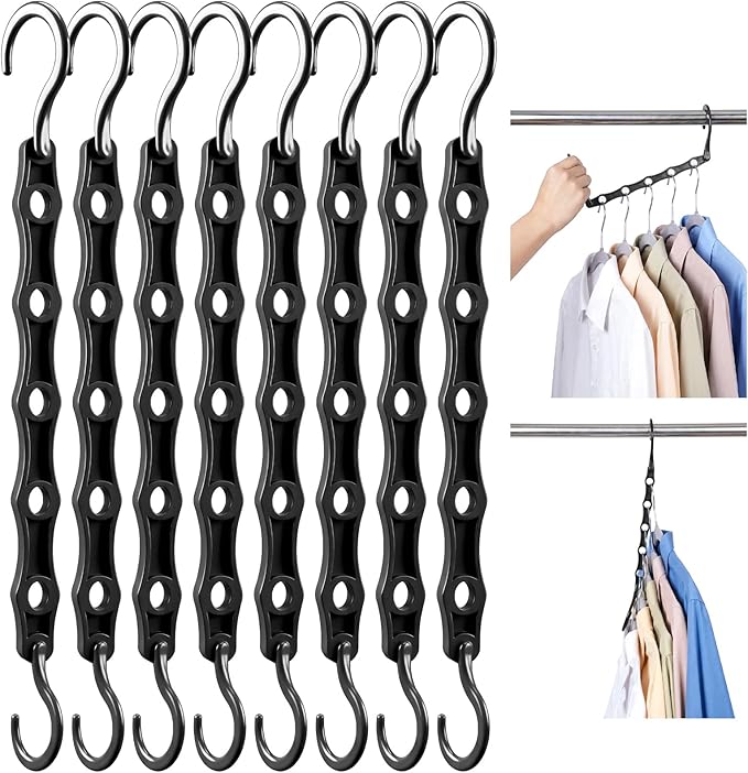 HOUSE DAY Space Saving Hangers, 8 Pack, Dorm Room Essentials for Girls | Space Saver Hanger Reinforced Hooks Swivels 360°, Cascading Hanger With 5 Holes, Sturdy Closet Organizers and Storage - Black