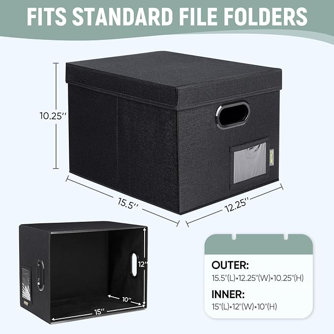 BALEINE File Organizer Box with Lid, Collapsible File Folder Organizer with Plastic Slide, Filing Box for Office Home Document Organizer Storage (Black, 2PK)