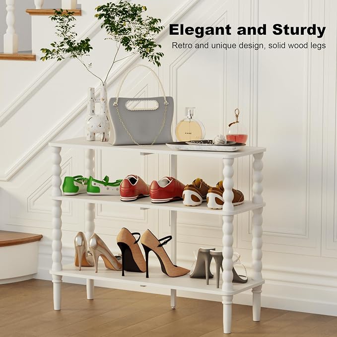 Veegle Shoe Rack,3 Tier Shoe Organizer Shelves,End Side Table,White | Solid Wood Legs for Closet, Entryway, Garage & Corridor, Easy Assembly